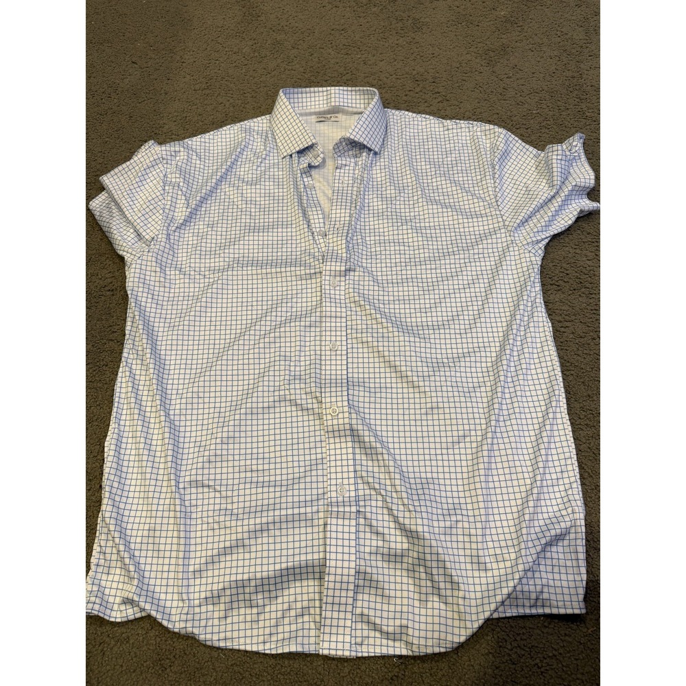 Collars And Co Mens Short Sleeve Polo Blue White Square Button Down Size XL NWT